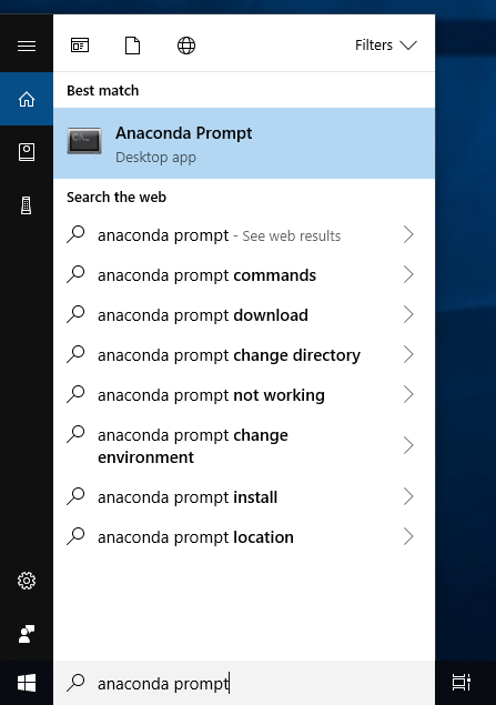Finding Anaconda Prompt on
Windows